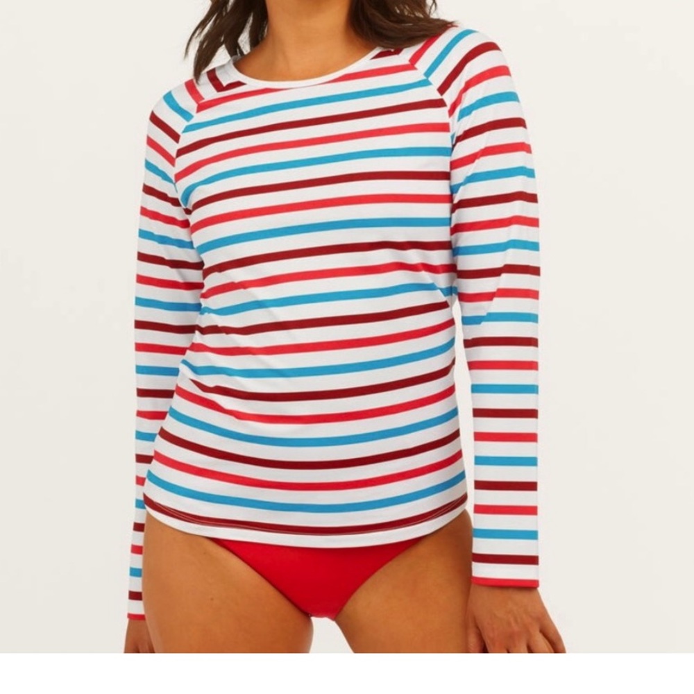 Spanx Ocean Stripe Hibiscus Swim Shirt Sz XL